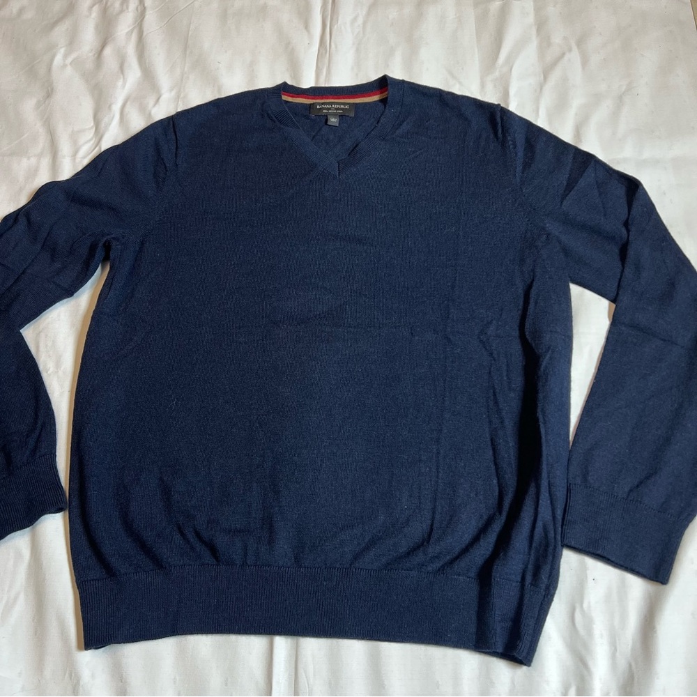 Banana Republic Sweater Mens Large Blue Knit V Neck Pullover Merino Wool NWOT